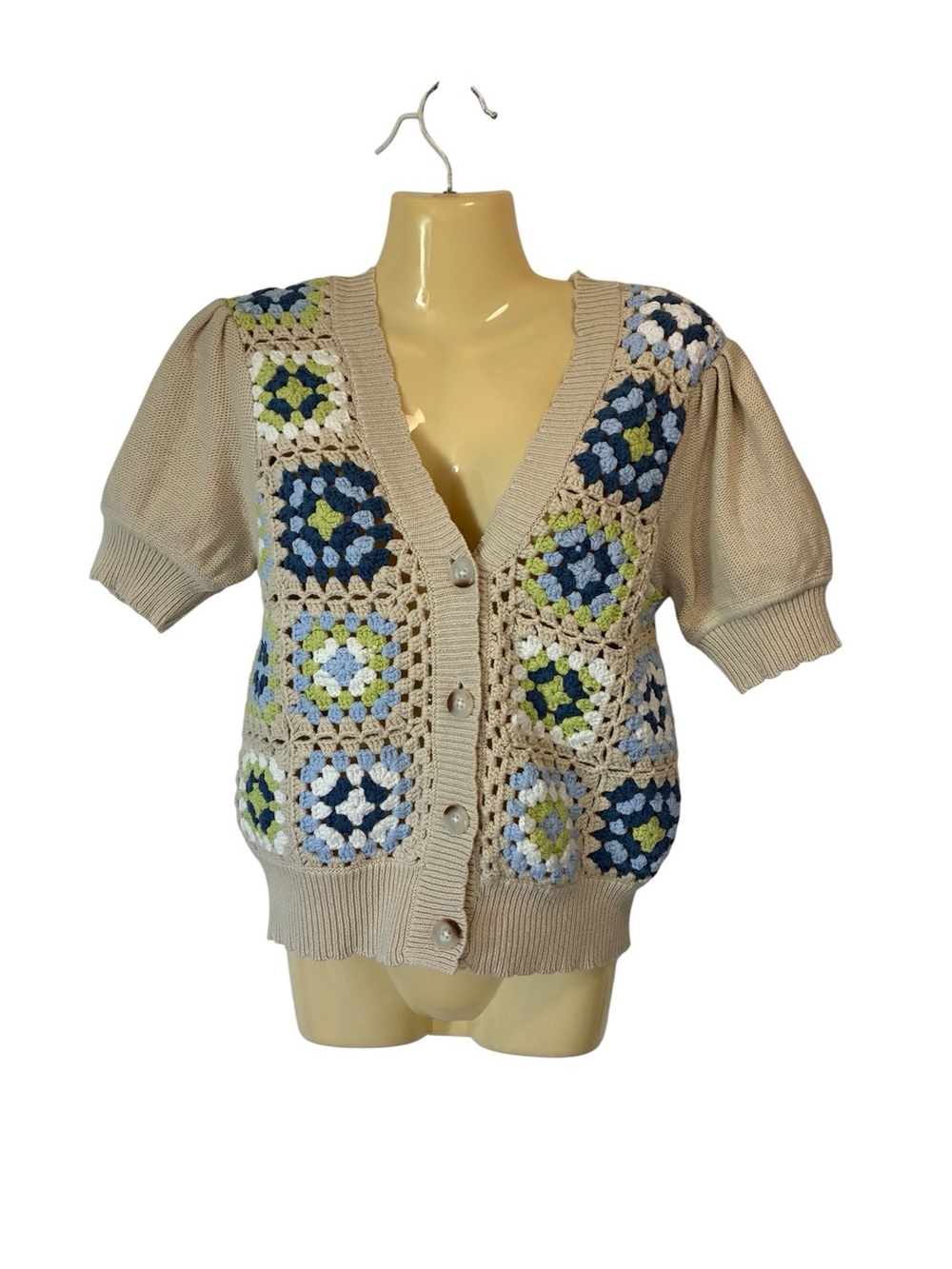 Design History Crochet Patchwork Short Sleeve Cardigan Sweater Beige Medium